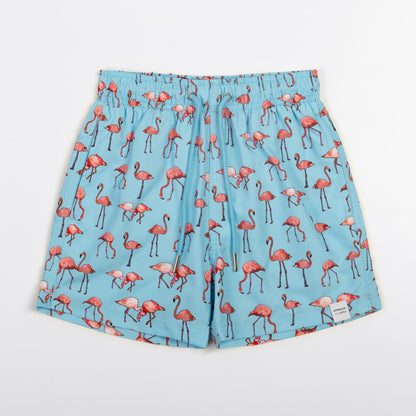 KIDS SWIM SHORTS KIDS FLAMINGOS in color BLUE - Front shot